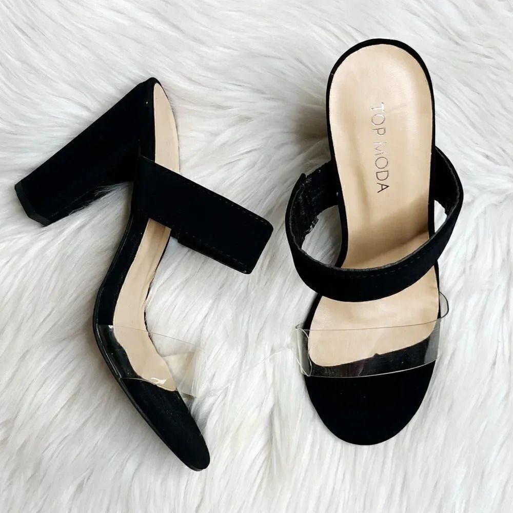 Top Moda Velvet Chunky Slide on Heels Black & Clear Size 6